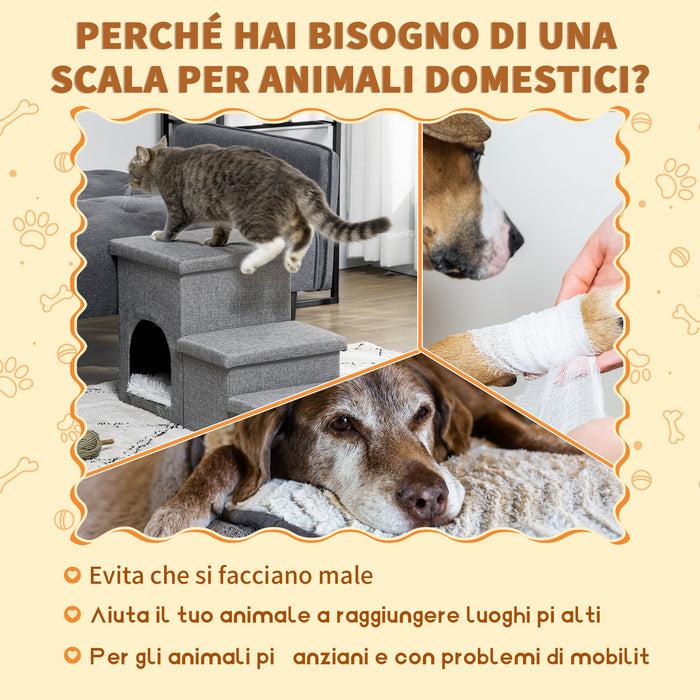 Scaletta per Cani e Gatti 3 Gradini 73,5x33x40,5 cm con Cuccia Grigia