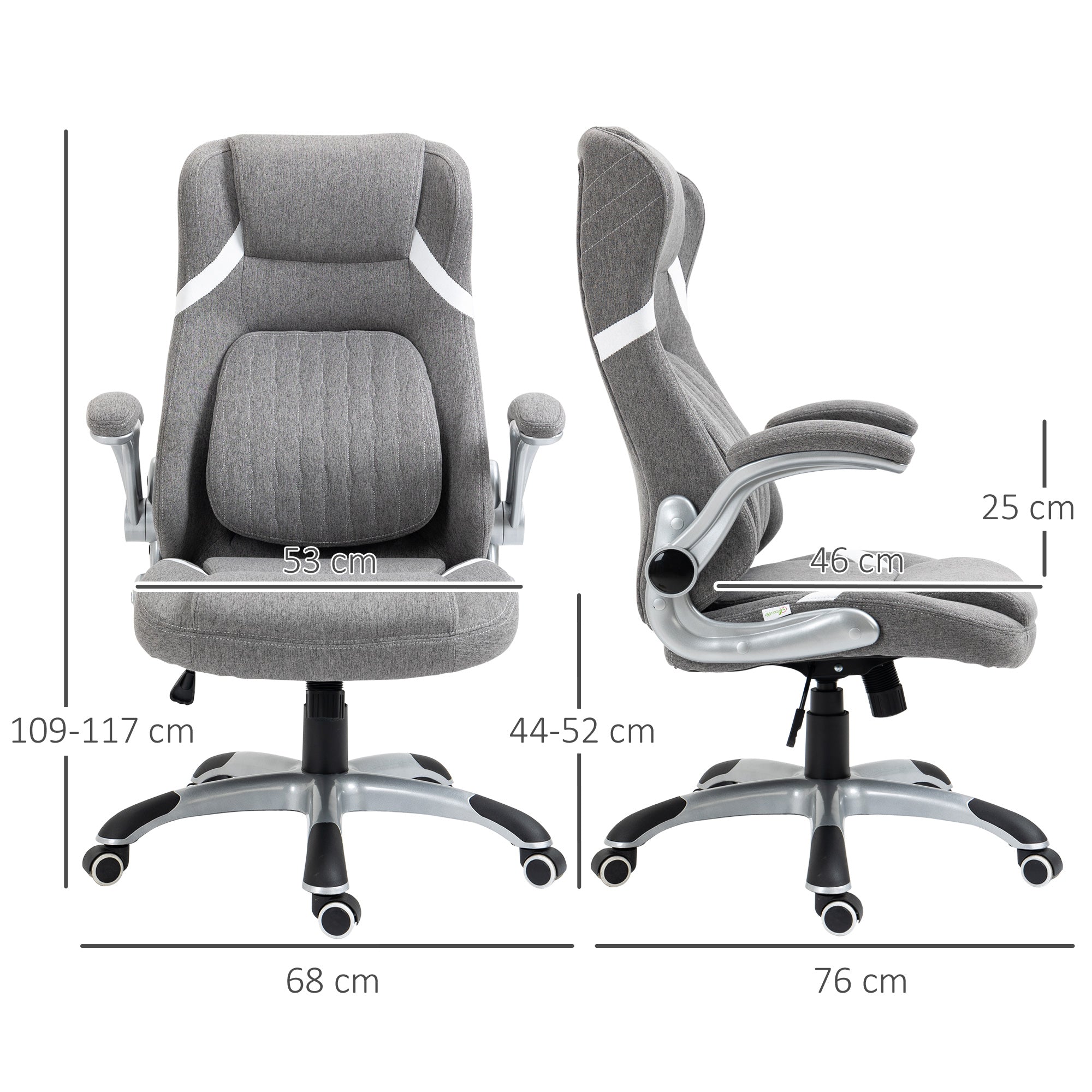 Sedia da Ufficio Presidenziale 68x76x109-117 cm con Supporto Lombare in Tessuto Traspirante Effetto Lino Grigio