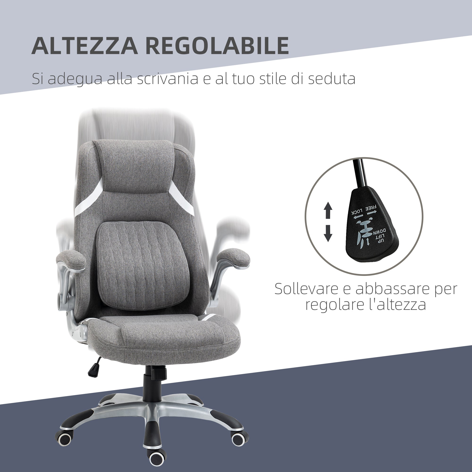 Sedia da Ufficio Presidenziale 68x76x109-117 cm con Supporto Lombare in Tessuto Traspirante Effetto Lino Grigio