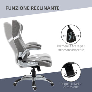 Sedia da Ufficio Presidenziale 68x76x109-117 cm con Supporto Lombare in Tessuto Traspirante Effetto Lino Grigio