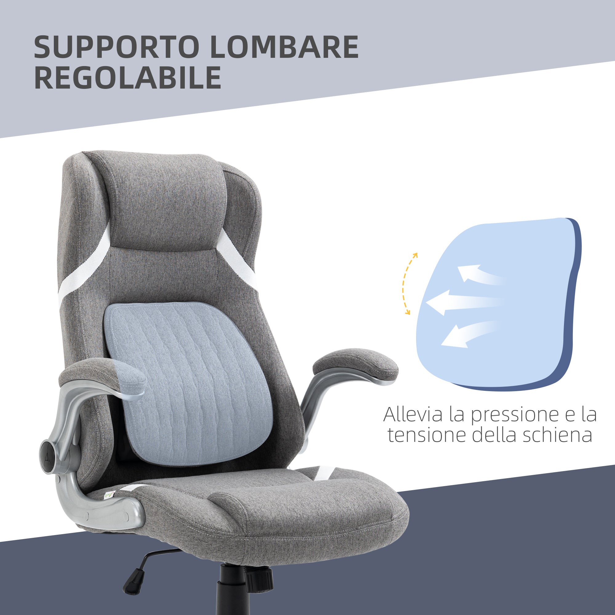 Sedia da Ufficio Presidenziale 68x76x109-117 cm con Supporto Lombare in Tessuto Traspirante Effetto Lino Grigio