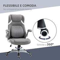 Sedia da Ufficio Presidenziale 68x76x109-117 cm con Supporto Lombare in Tessuto Traspirante Effetto Lino Grigio