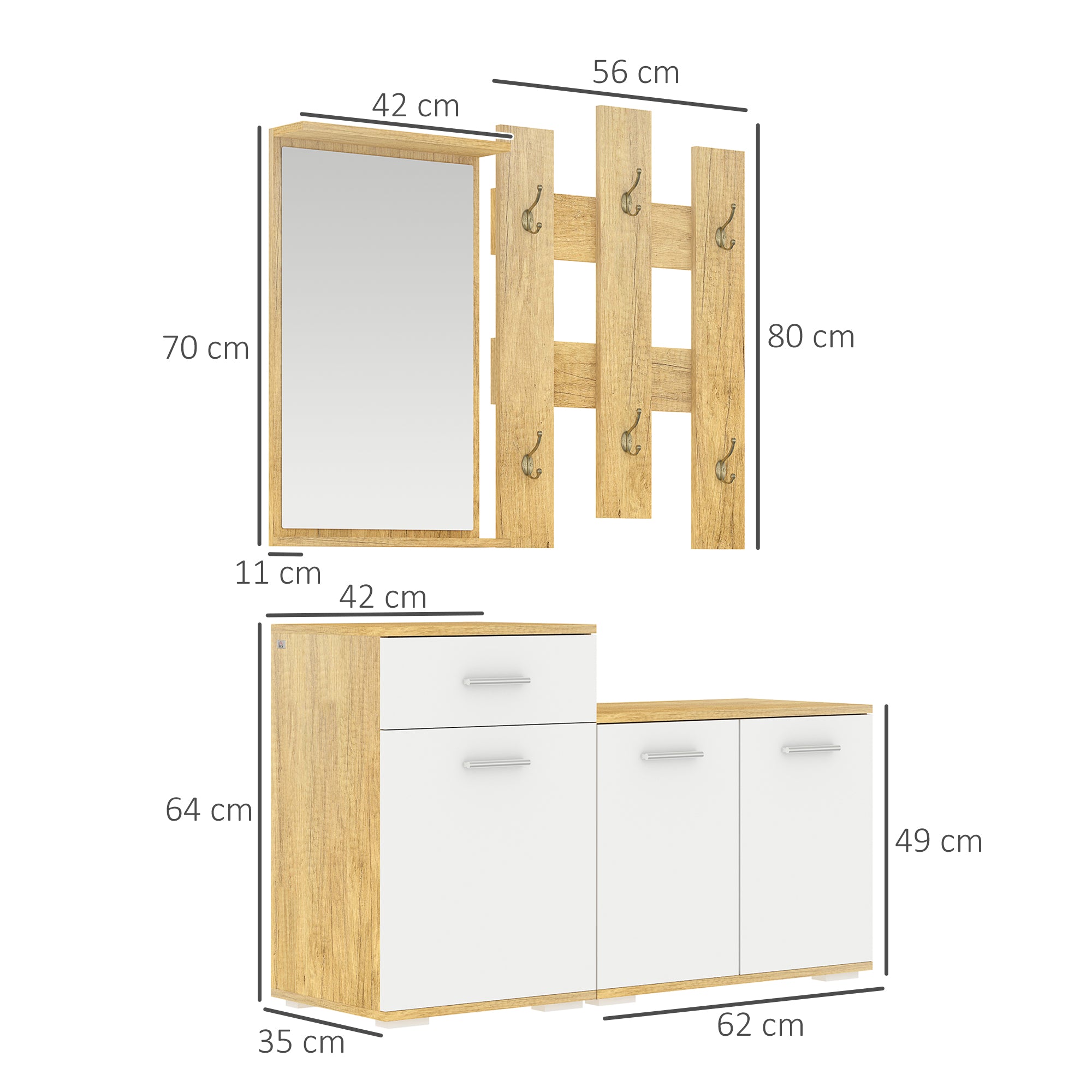 Mobile Ingresso Appendiabiti con Specchio Scarpiera  e Panca in Legno Naturale e Bianco