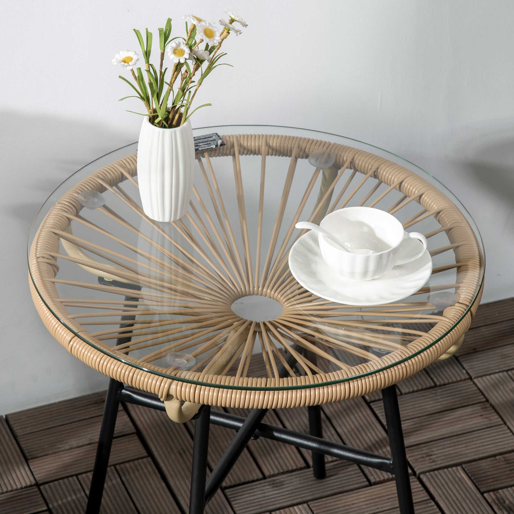 Tavolino Soggiorno Ø50x50 cm in Metallo e Rattan PE Beige