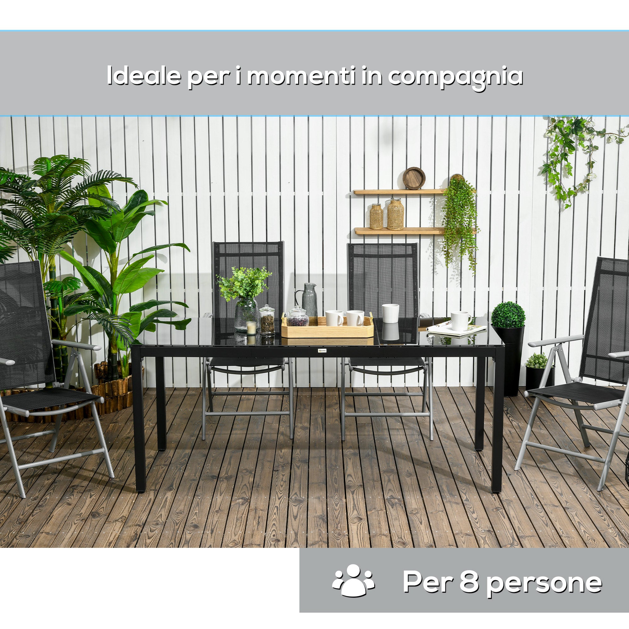 Tavolo da Giardino 180x80x72 cm in Alluminio e Vetro Temperato Nero