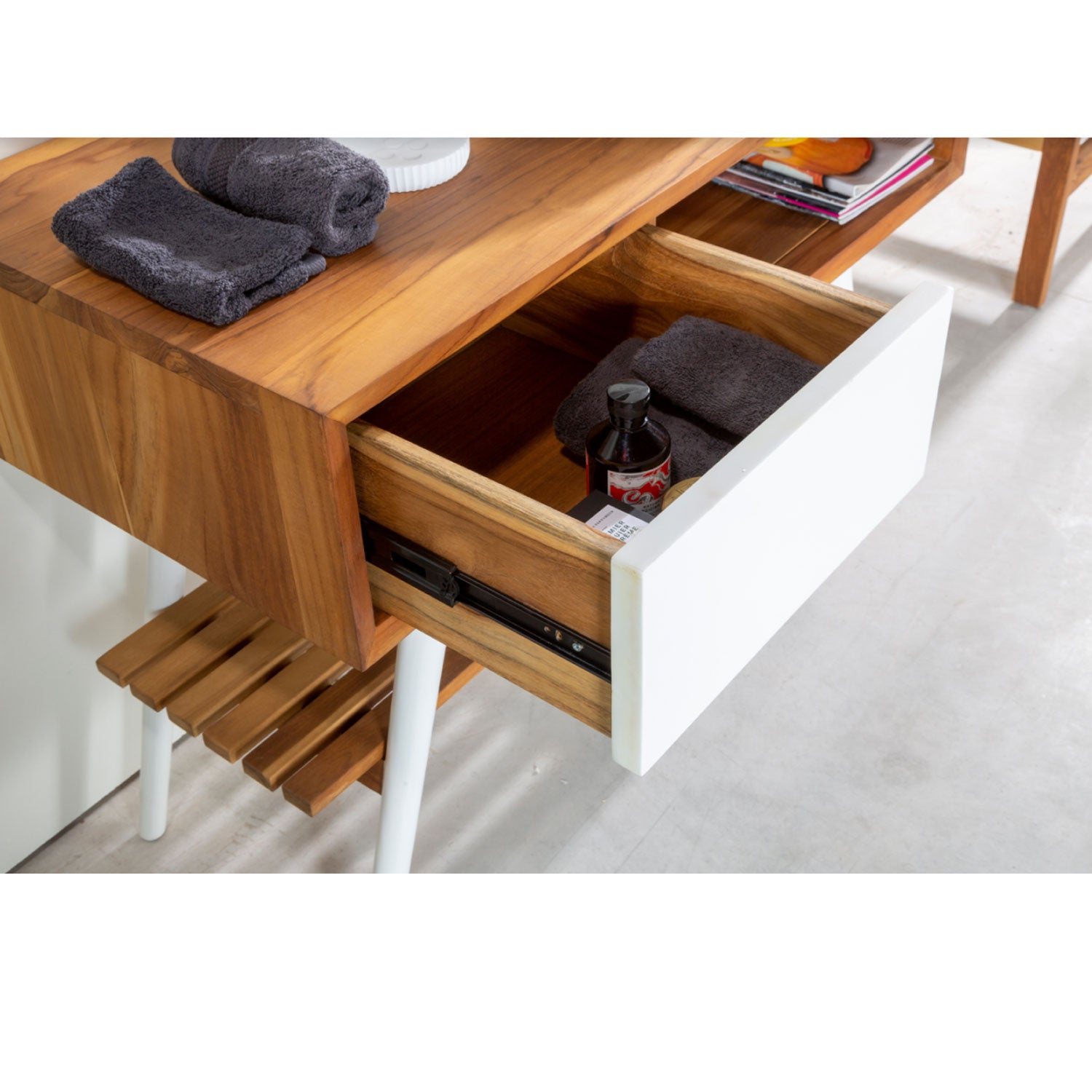 Consolle da bagno in Teak naturale 100cm serie Feelgood Small Cipi con un cassetto - frontale bianco