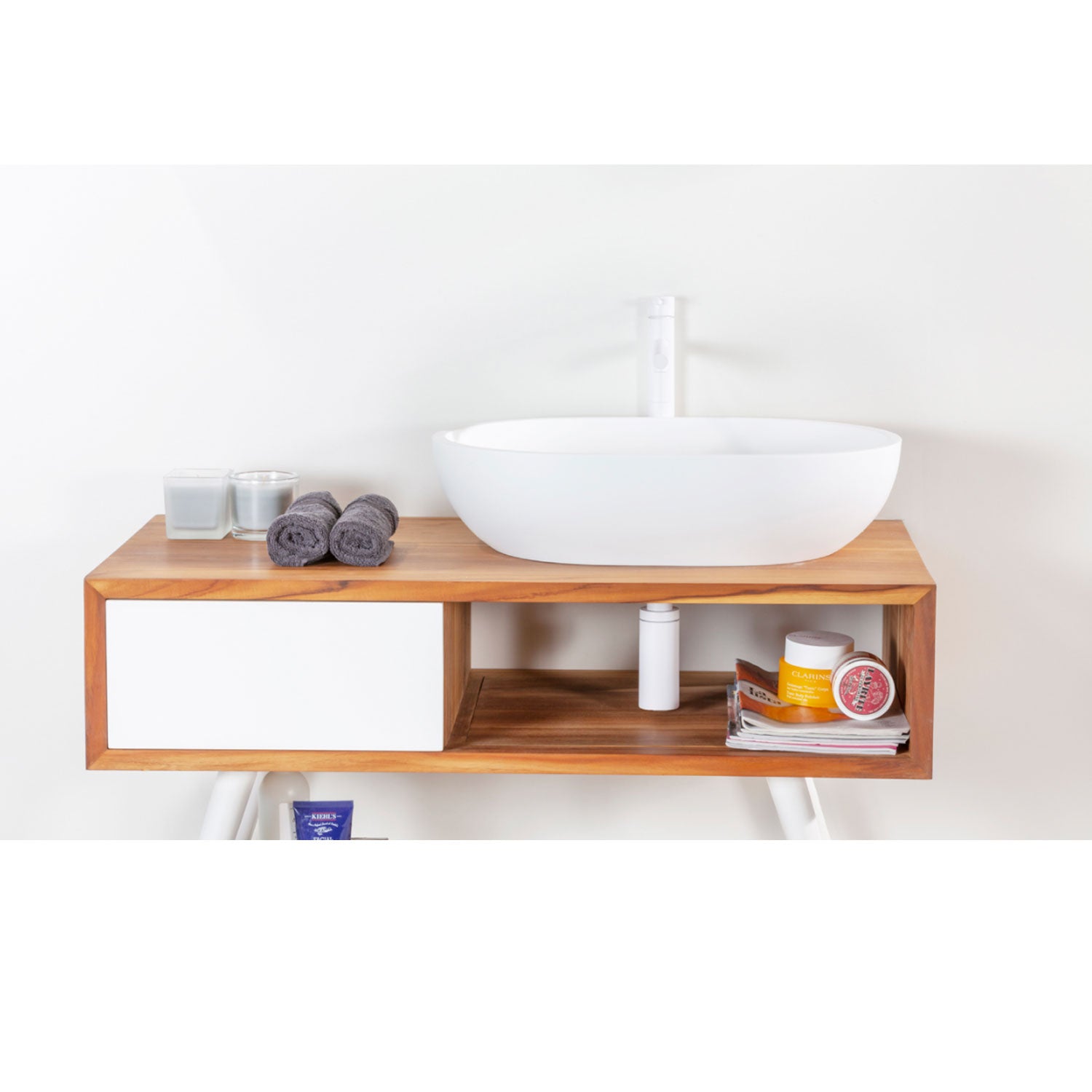 Consolle da bagno in Teak naturale 100cm serie Feelgood Small Cipi con un cassetto - frontale bianco