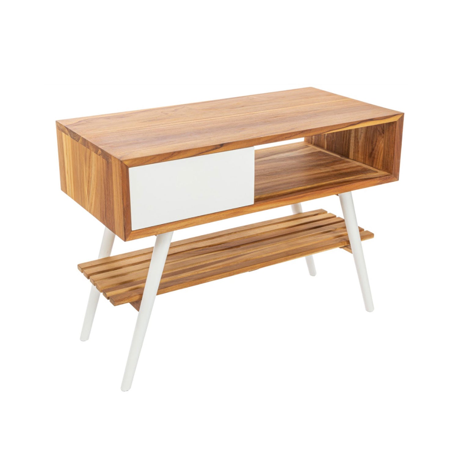 Consolle da bagno in Teak naturale 100cm serie Feelgood Small Cipi con un cassetto - frontale bianco