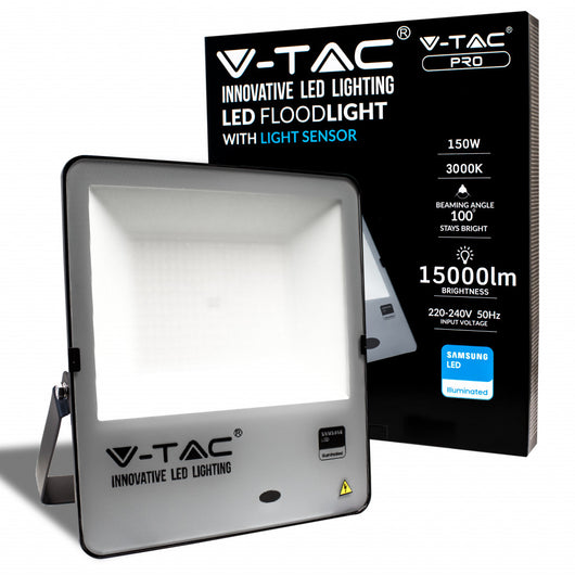 Faro Led Con Chip Samsung 150 W 100 Lm/W Con Sensore Crepuscolare Colore Nero 3000K Ip65 - Vtac