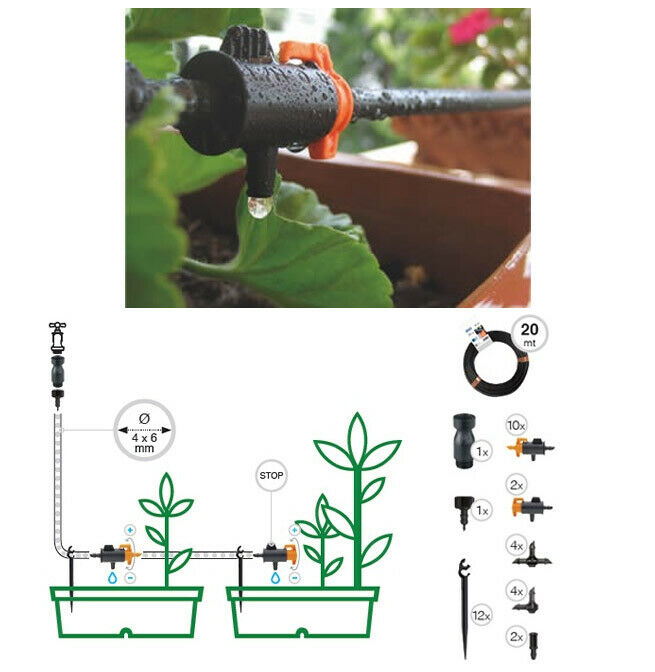 Kit Irrigazione a Goccia Gocciolatori Regolabili Giardino Piante Aiuola Tubo 20m