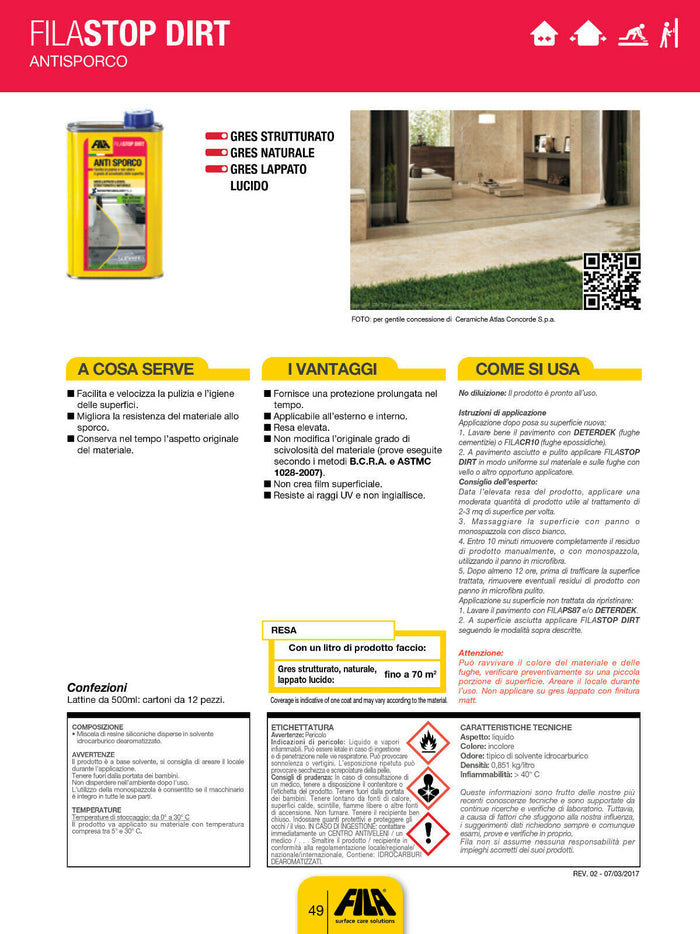 Stop Dirt Fila Anti Sporco Pulitore Superfici in Gres Interno Esterno 500 ml