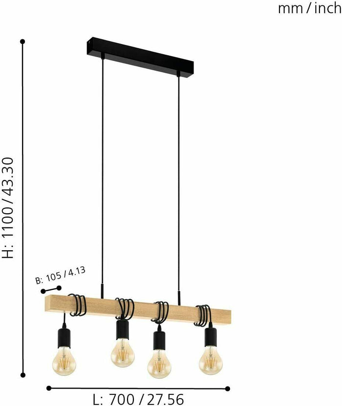 Lampada a Sospensione Vintage Legno Lampadine Lampadario Interno Townshend EGLO