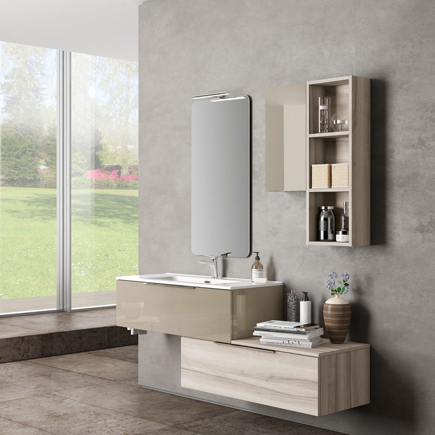 Mobile bagno sospeso Bali04 cm 160x195x46 laccato lucido visone e noce lingera