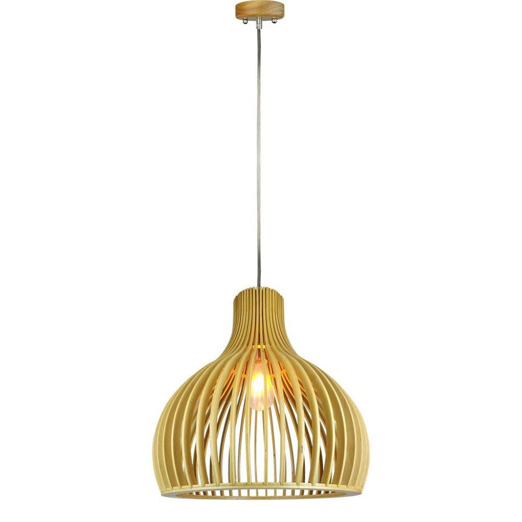 Wooden Pendant Light With Chrome Decorative Cap + Canopy + Lampshade Round D350*450Mm