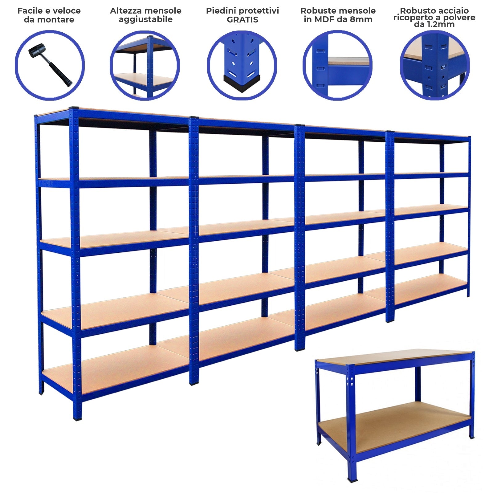 4 Scaffali T-Rax 90x45x180cm & Banco da Lavoro in Acciaio Senza Bulloni - Blu