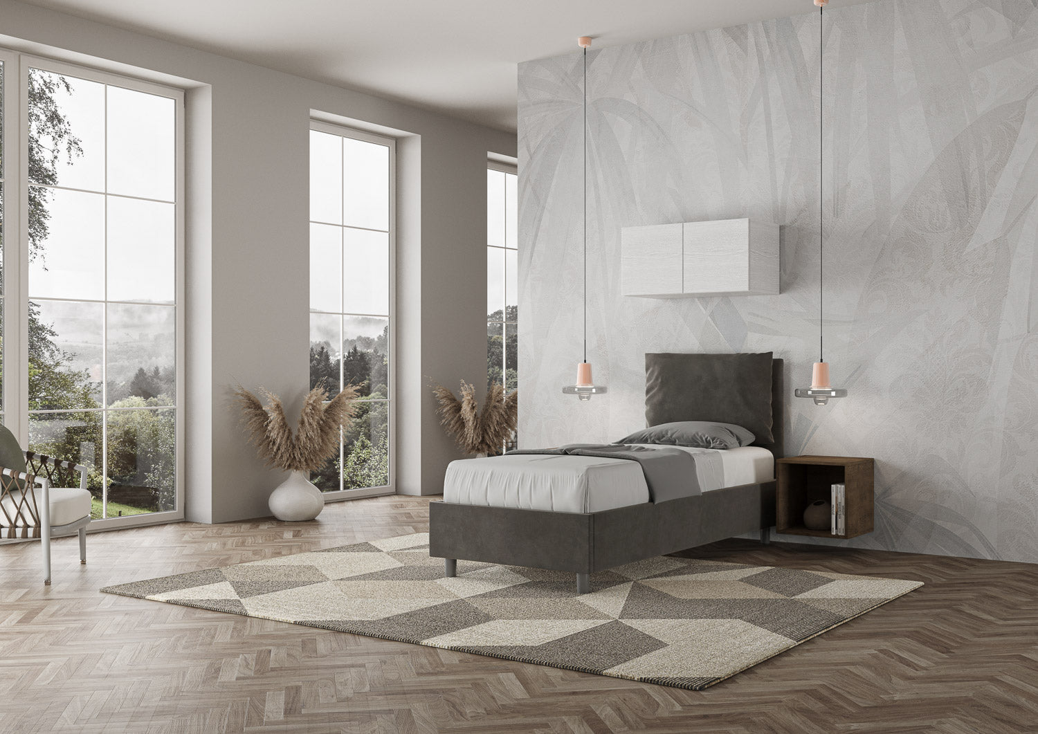 Letto Singolo 80x200 cm con Rete e Contenitore Antea Grigio