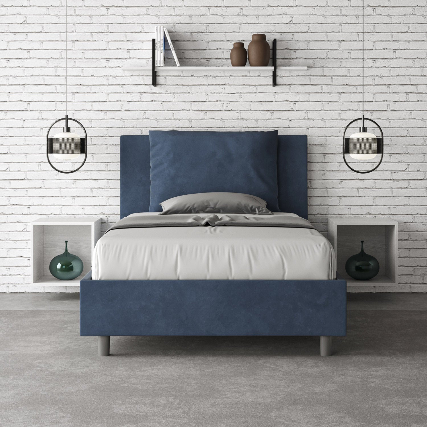 Letto Singolo 100x210 cm con Rete e Contenitore Antea Blu