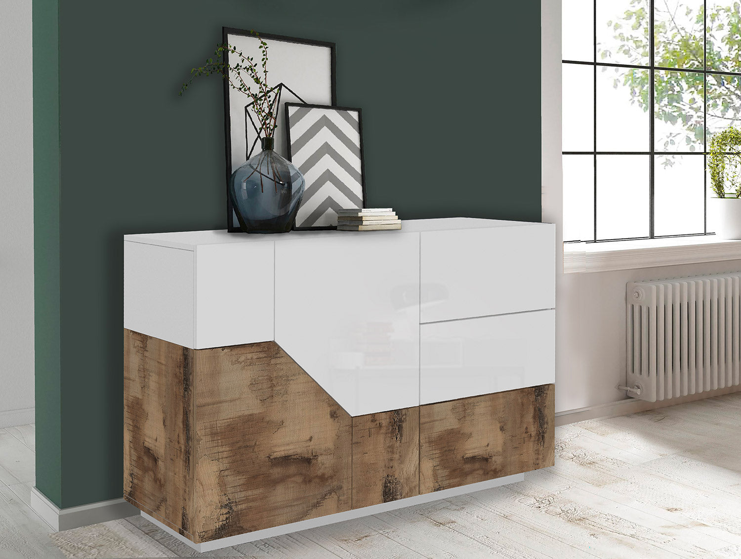 Credenza 2 Ante + 3 Cassetti 140x43x86 cm Alien Bianco Lucido e Acero Pereira