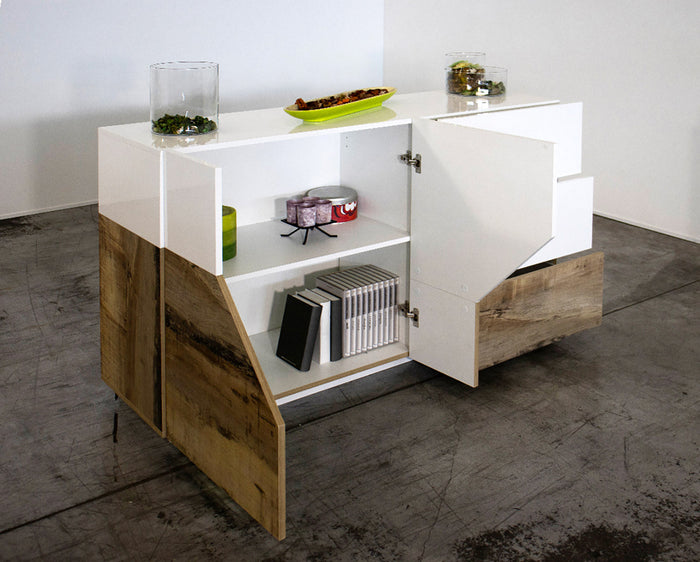 Credenza 2 Ante + 3 Cassetti 140x43x86 cm Alien Bianco Lucido e Acero Pereira