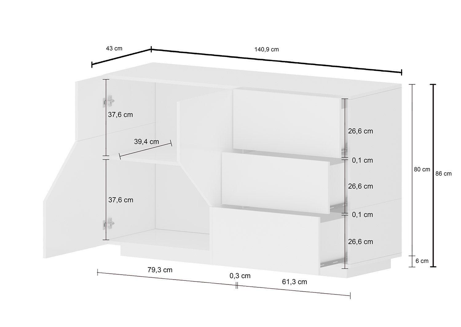 Credenza 2 Ante + 3 Cassetti 140x43x86 cm Alien Bianco Lucido e Acero Pereira