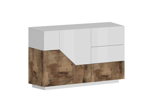 Credenza 2 Ante + 3 Cassetti 140x43x86 cm Alien Bianco Lucido e Acero Pereira