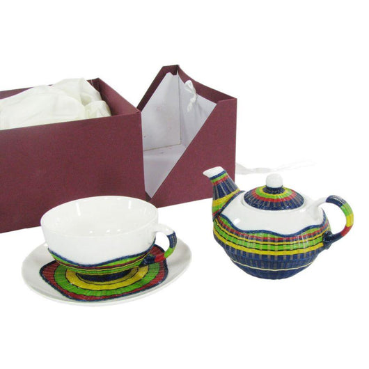 Set Teiera con Tazza e Piattino in Porcellana in Porcellana Decoro in Bambù Multicolor