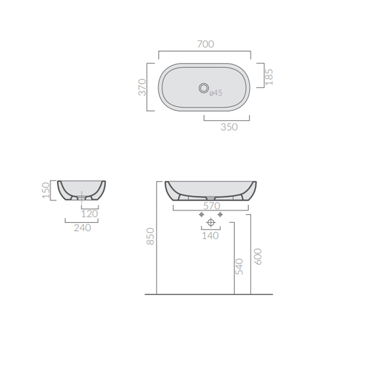 Lavabo ciotola da appoggio in ceramica serie M2 di Ceramica Galassia -  Bianco lucido 70x37xh15 cm