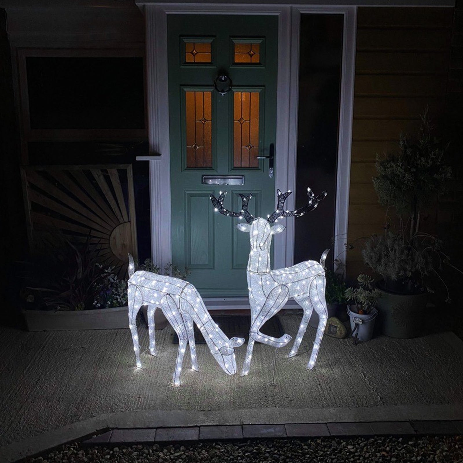 Renne di Natale Luminose Decorazione da Esterno per la Casa Luci LED Bianco Ghiaccio Figure Luminosa Luci di Natale - Maschio & Femmina - Bianco