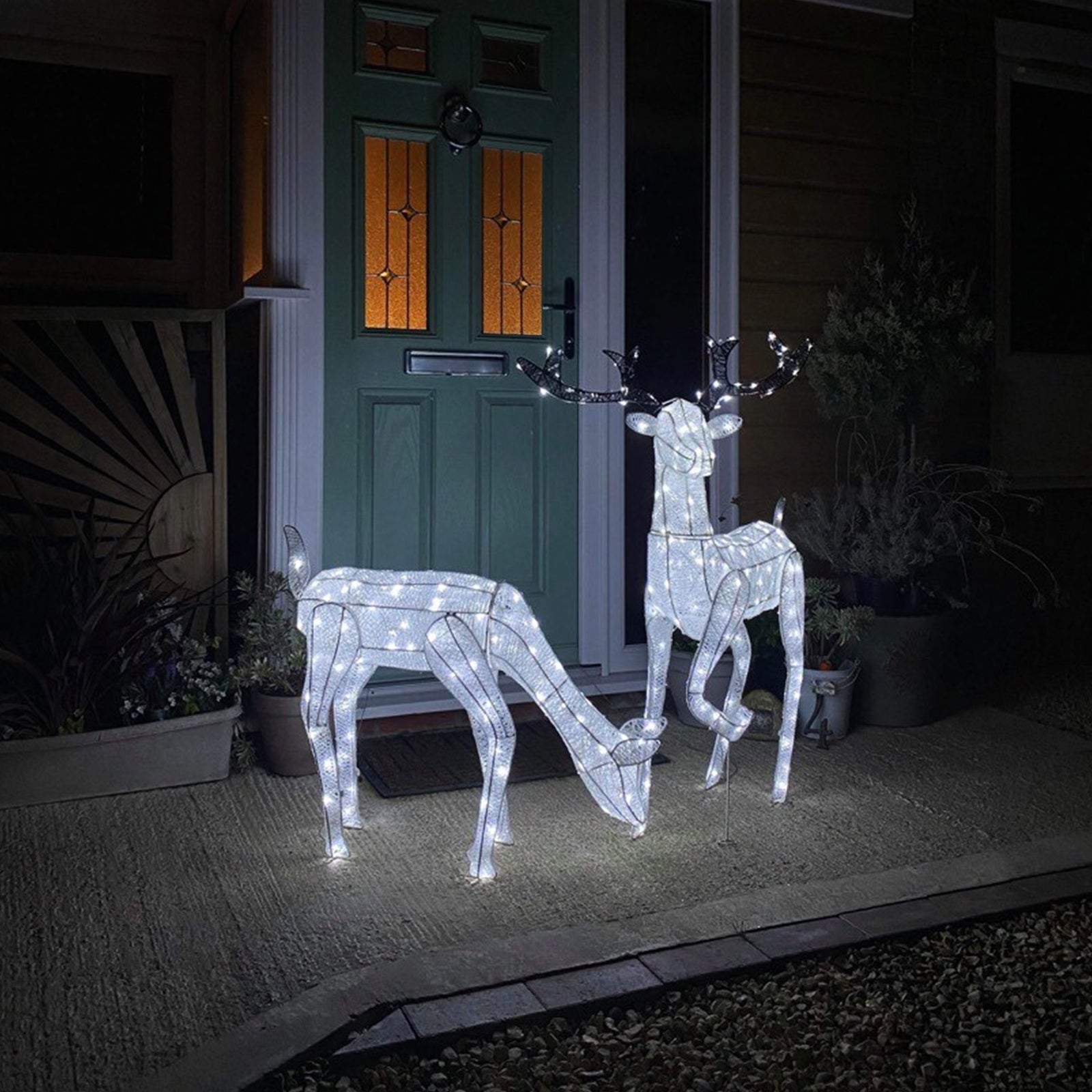 Renne di Natale Luminose Decorazione da Esterno per la Casa Luci LED Bianco Ghiaccio Figure Luminosa Luci di Natale - Maschio & Femmina - Bianco