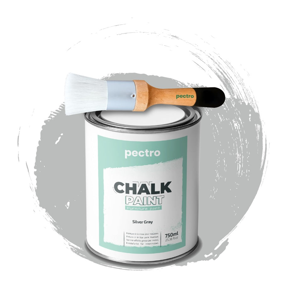 Chalk Paint Vernice a Gesso 750ml + Pennello Tondo in Legno Pack GRIGIO ARGENTO - Pittura per Mobili Senza Carteggiare