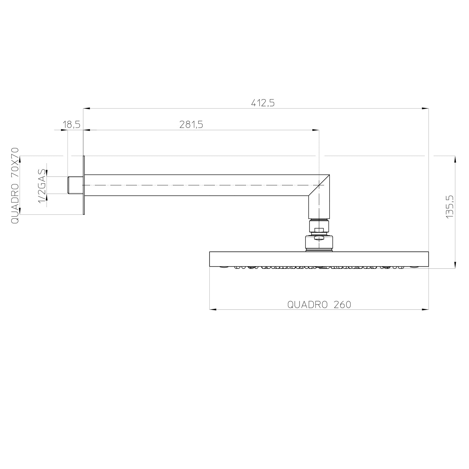 Soffione doccia quadro a parete Bossini Cosmo 26x26 nero opaco con braccio 300 mm