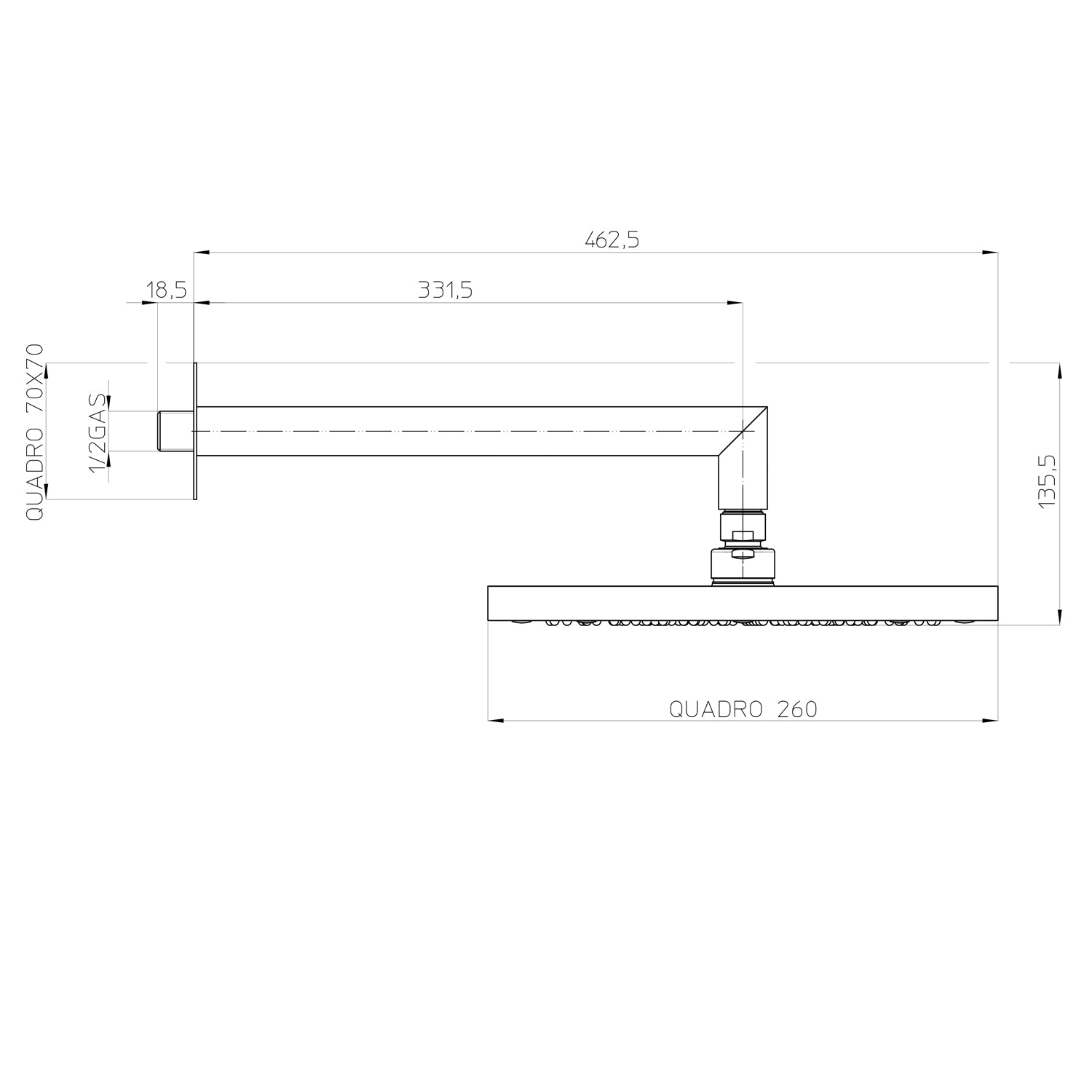 Soffione doccia quadro a parete Bossini Cosmo 26x26 nero opaco con braccio 350 mm