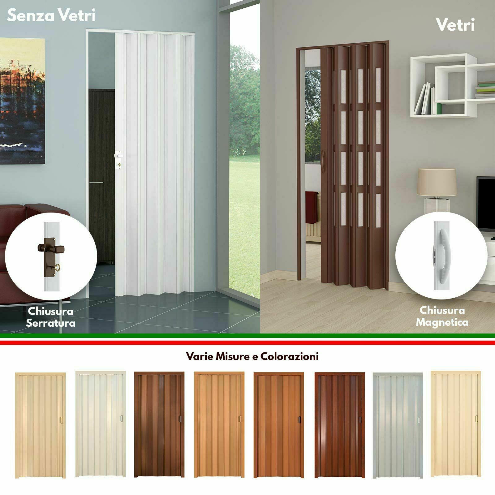 Porta a Soffietto in PVC Vari Colori con Vetri Maniglia Magnetica o Serratura Sistema di chiusura: Serratura, Tonalità: Noce finto Legno + Vetri