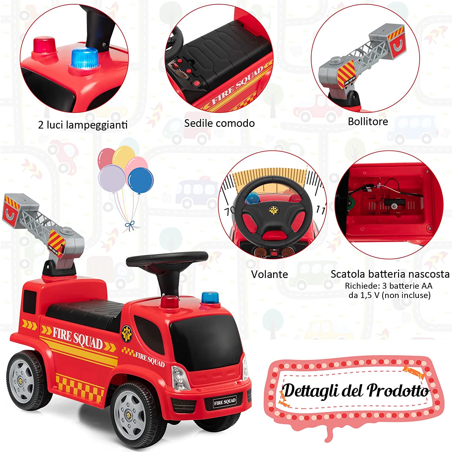 Camion Pompieri Cavalcabile per Bambini Sparabolle Rosso