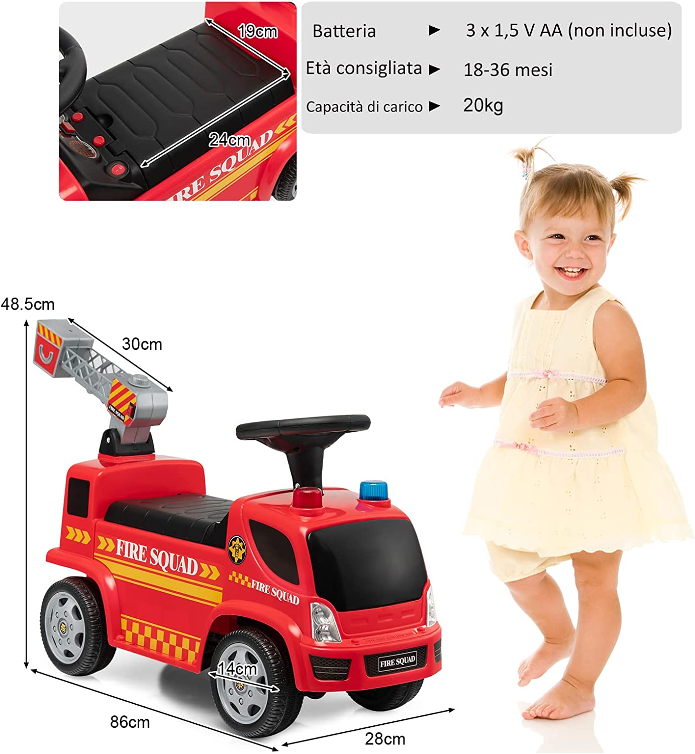 Camion Pompieri Cavalcabile per Bambini Sparabolle Rosso