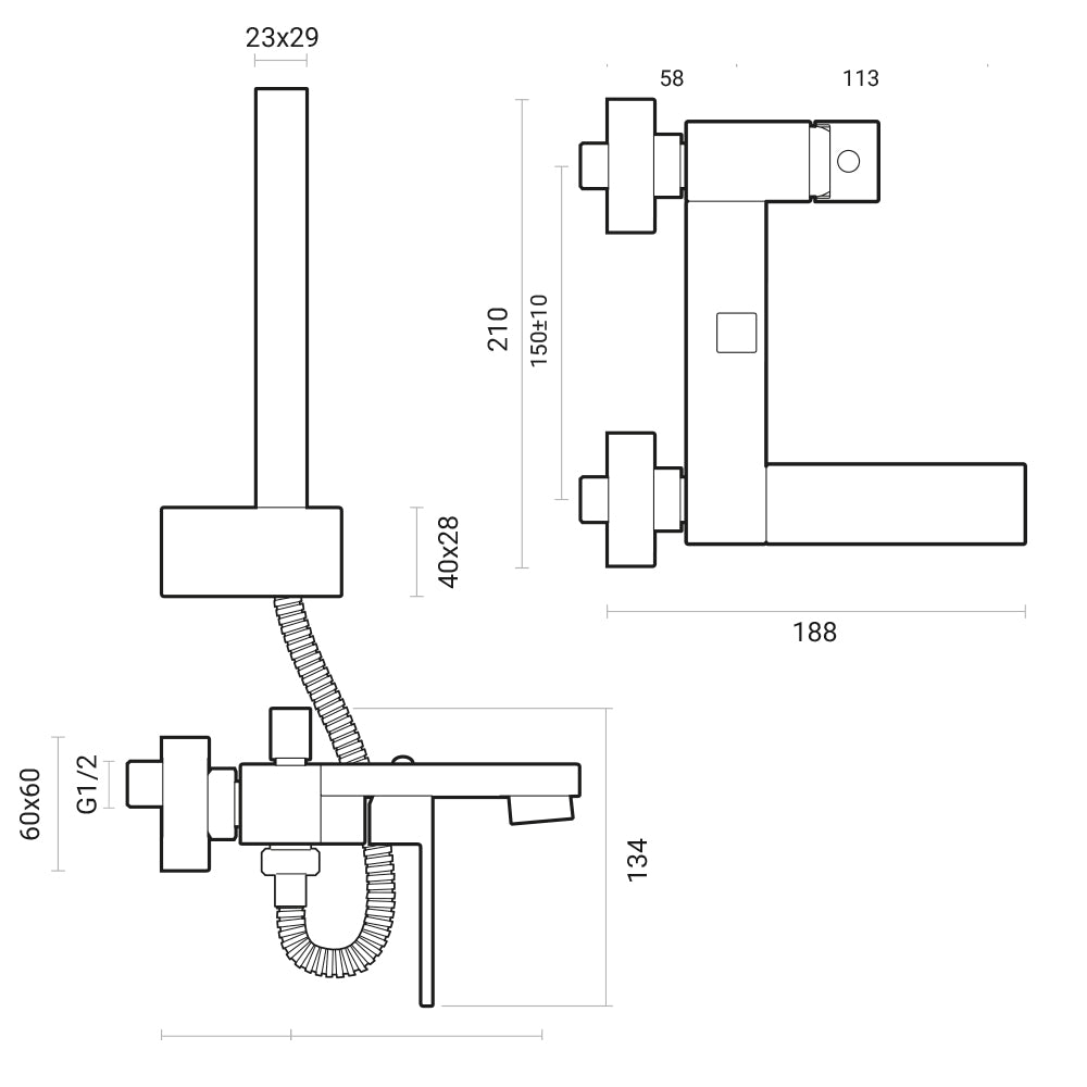 Miscelatore vasca esterno Square ottone cromo completo di set doccia