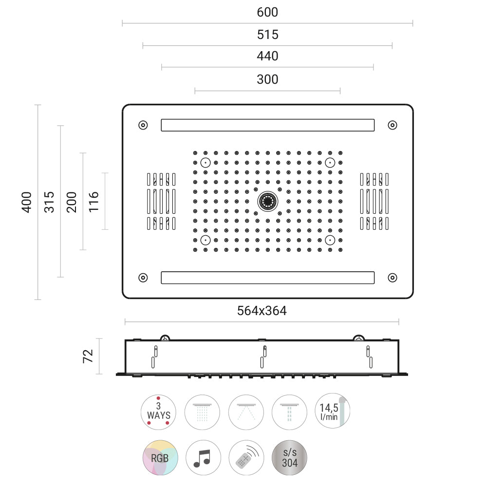 Soffione doccia ad incasso 40x60 cm 3 vie con cromoterapia bluetooth e telecomando