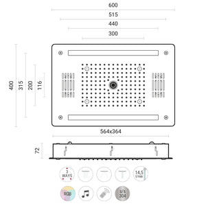 Soffione doccia ad incasso 40x60 cm 3 vie con cromoterapia bluetooth e telecomando