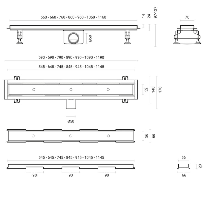 Canalina doccia incasso rettangolare 60x7 cm con cover predisposta per piastrella e flange di supporto