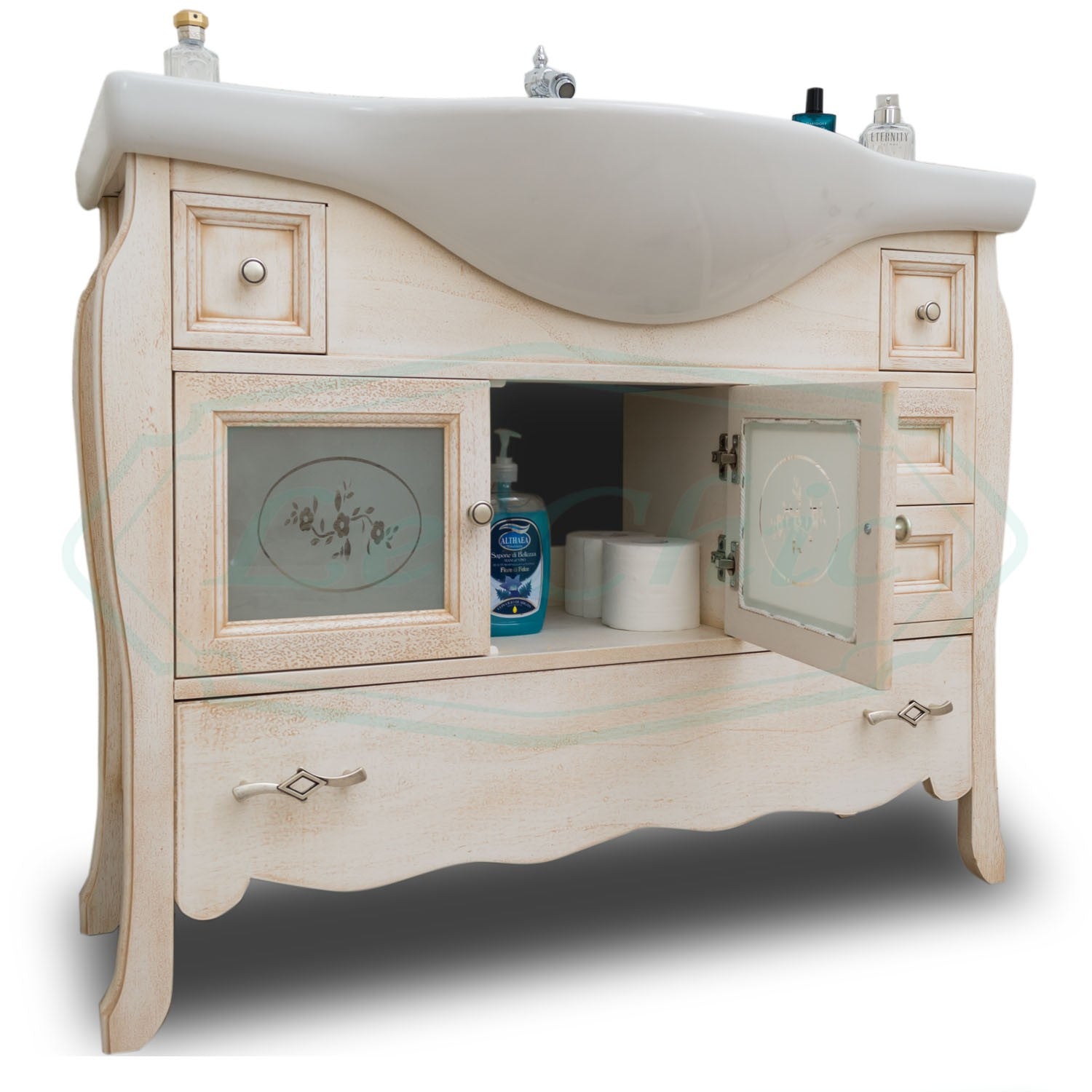 Arredo bagno in legno avorio decapè - 85 cm