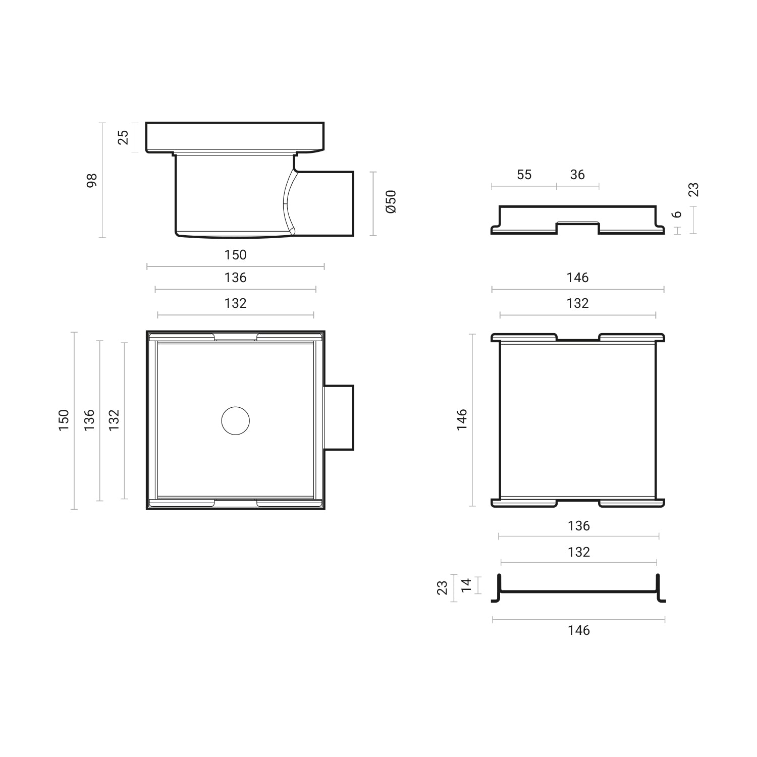 Canalina doccia incasso quadrata 15x15 cm con cover in full inox per predisposizione piastrella 