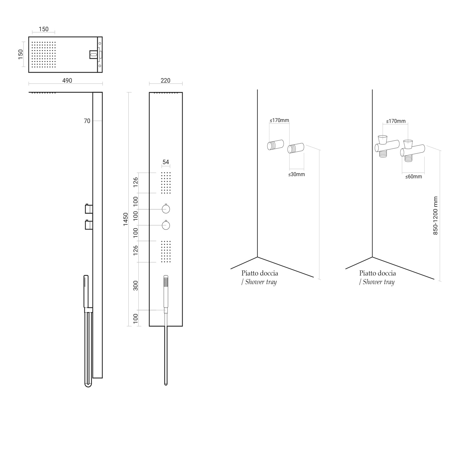 Pannello doccia multifunzionale Milano TMS 145x49 cm con soffione in finitura a specchio