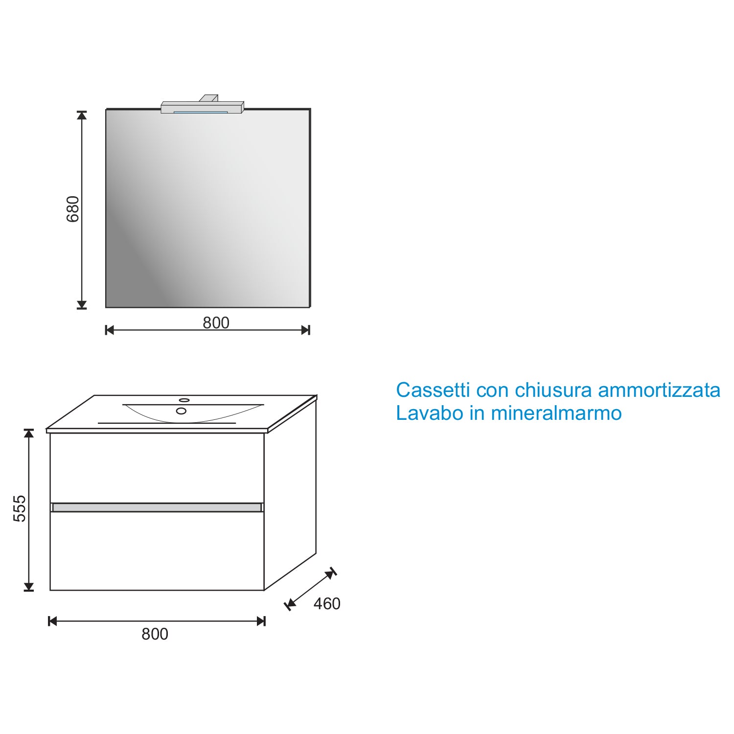 Mobile bagno sospeso KUBO 80x46 frassino tranchÃ¨ con lavabo in mineralmarmo