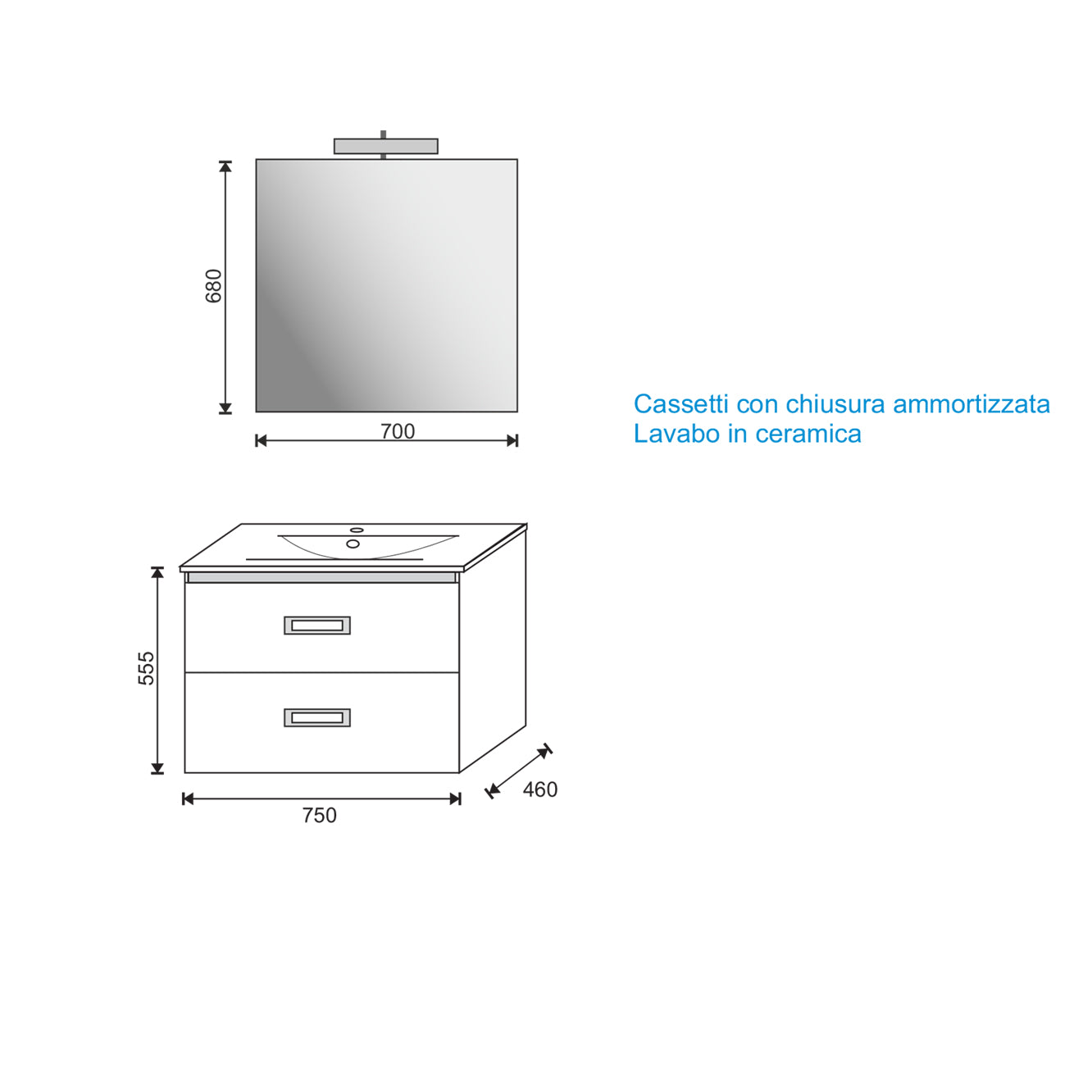 Mobile bagno sospeso QUADRO 75x46 cm frassino tranchÃ¨ con lavabo in ceramica