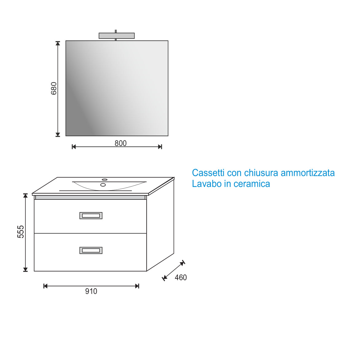 Mobile bagno sospeso QUADRO 91 cm 91x46 bianco lucido con lavabo in ceramica