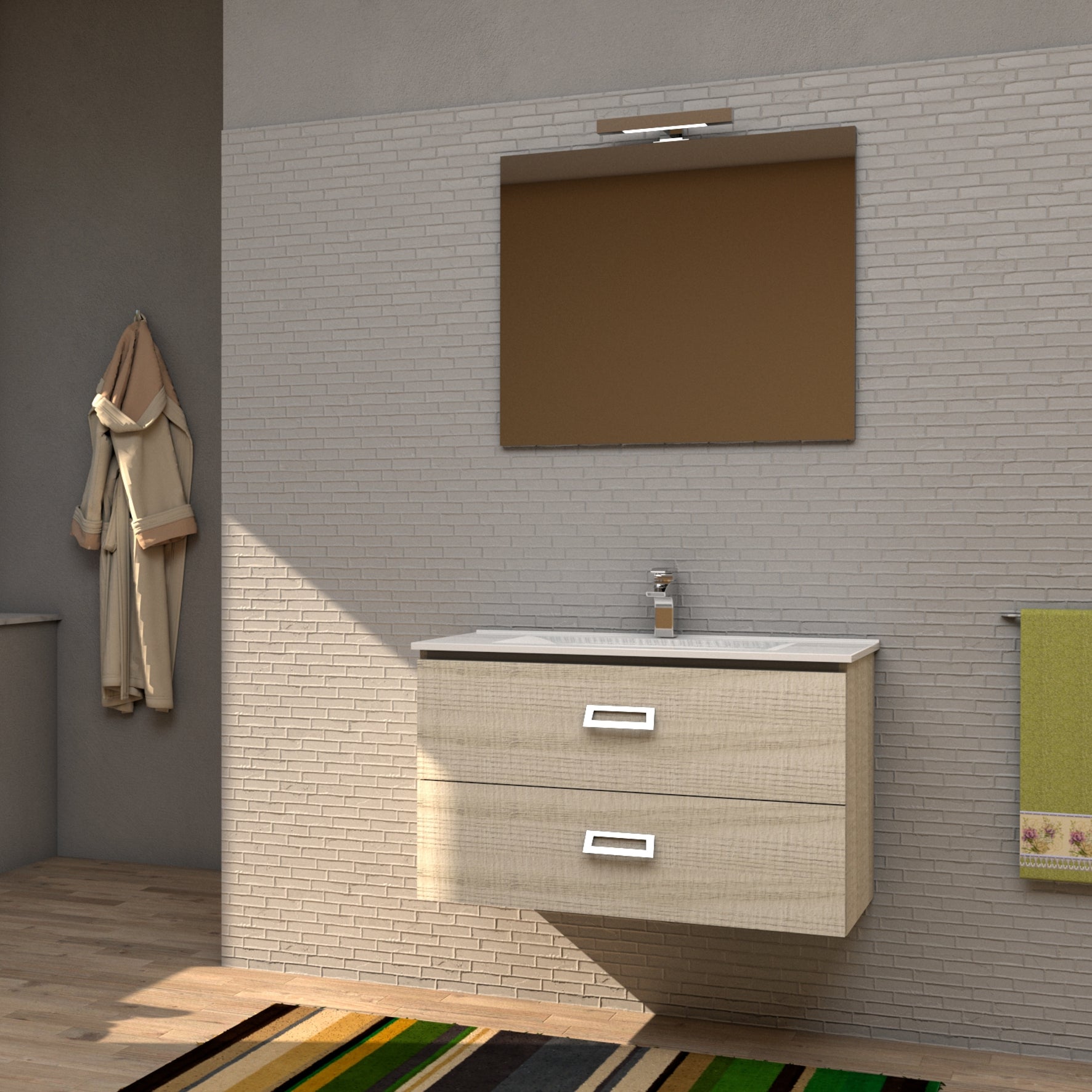 Mobile bagno sospeso QUADRO 91 cm 91x46 frassino tranchÃ¨ con lavabo in ceramica