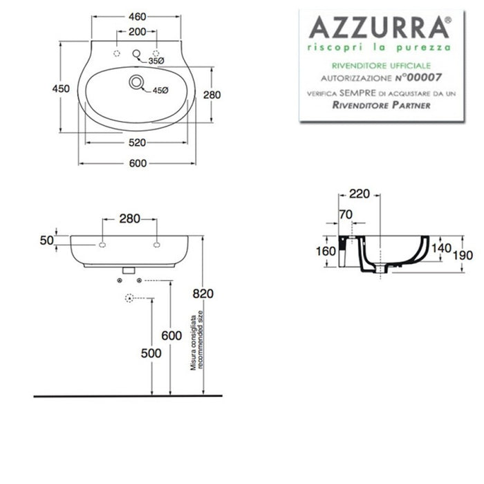 Lavabo Sospeso modello VERA 60 x 45 cm Ceramica Azzurra 