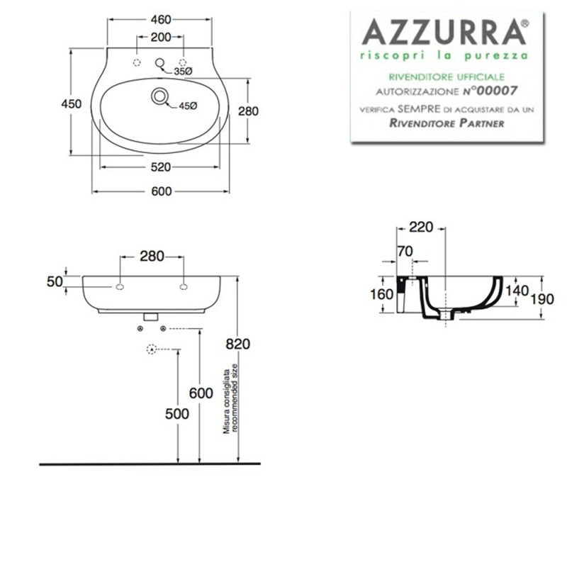 Lavabo Sospeso modello VERA 60 x 45 cm Ceramica Azzurra 