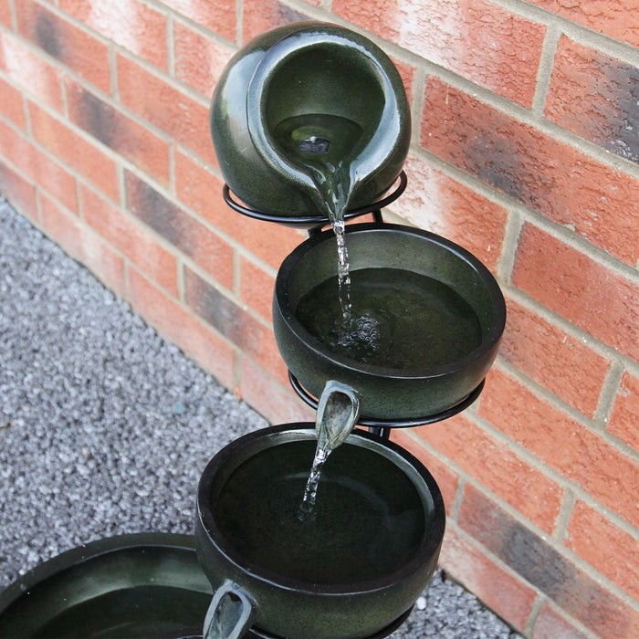 Fontana Solare a Cascata da Giardino con Batteria di Supporto da 6 Ore Fontanella con Pannello Solare e Picchetto Fontanella a Vasi Fontana con Ciotole - Verde