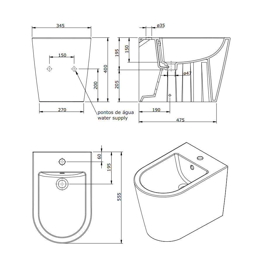 Sanitari filomuro moderni Sanindusa Urb.Y PLUS 55 wc, bidet e sedile soft close